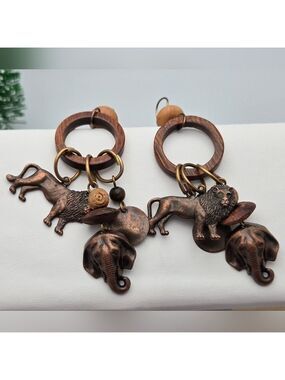 ✨2/$10✨ Lion & Elephant Earrings w/ Oxidized Copper Finish Boho Wood Dangle